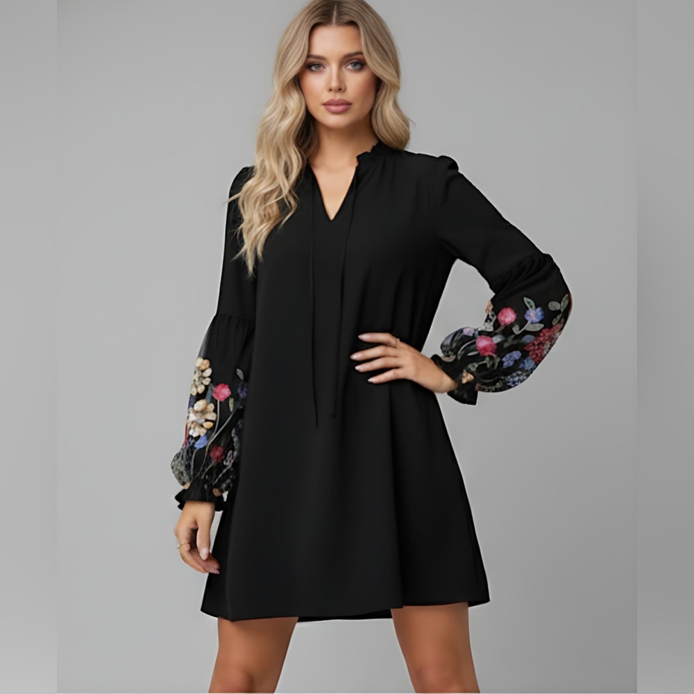 Boho Floral Embroidered Lantern Sleeve Dress